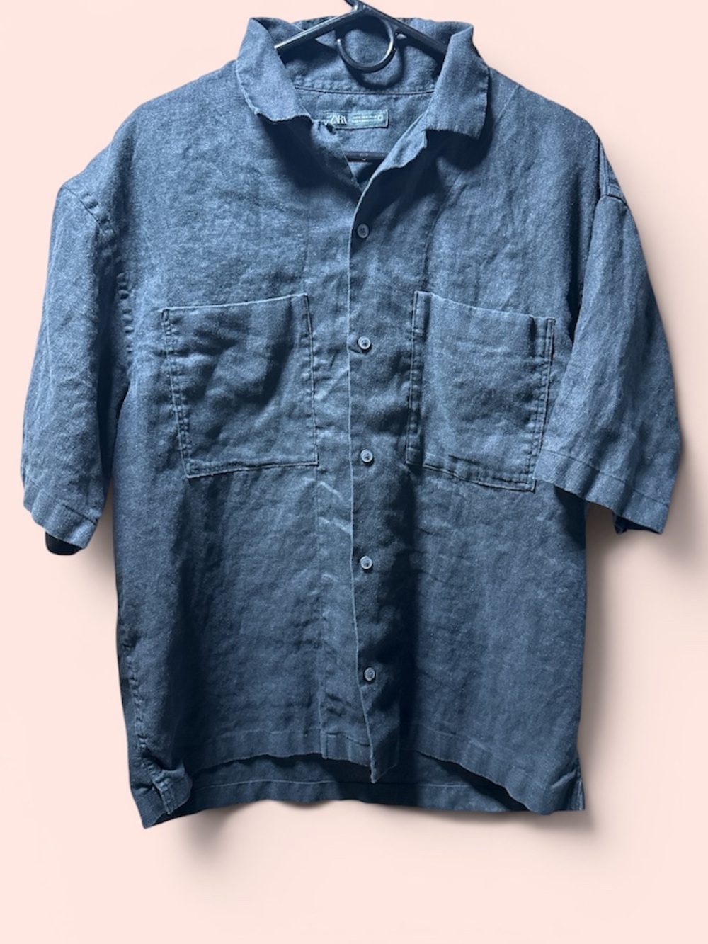 Zara Navy Short-Sleeve Linen Button-Down Shirt 100%linen.       #2